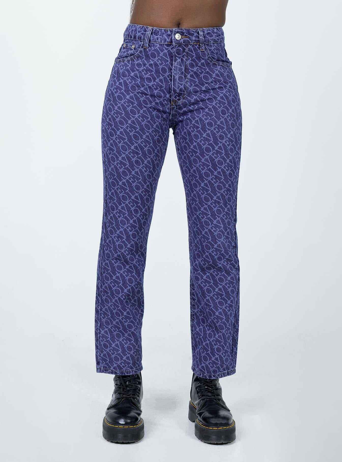 side view of model wearing Princess Polly Love Lounge Denim Jeans Mid Rise 