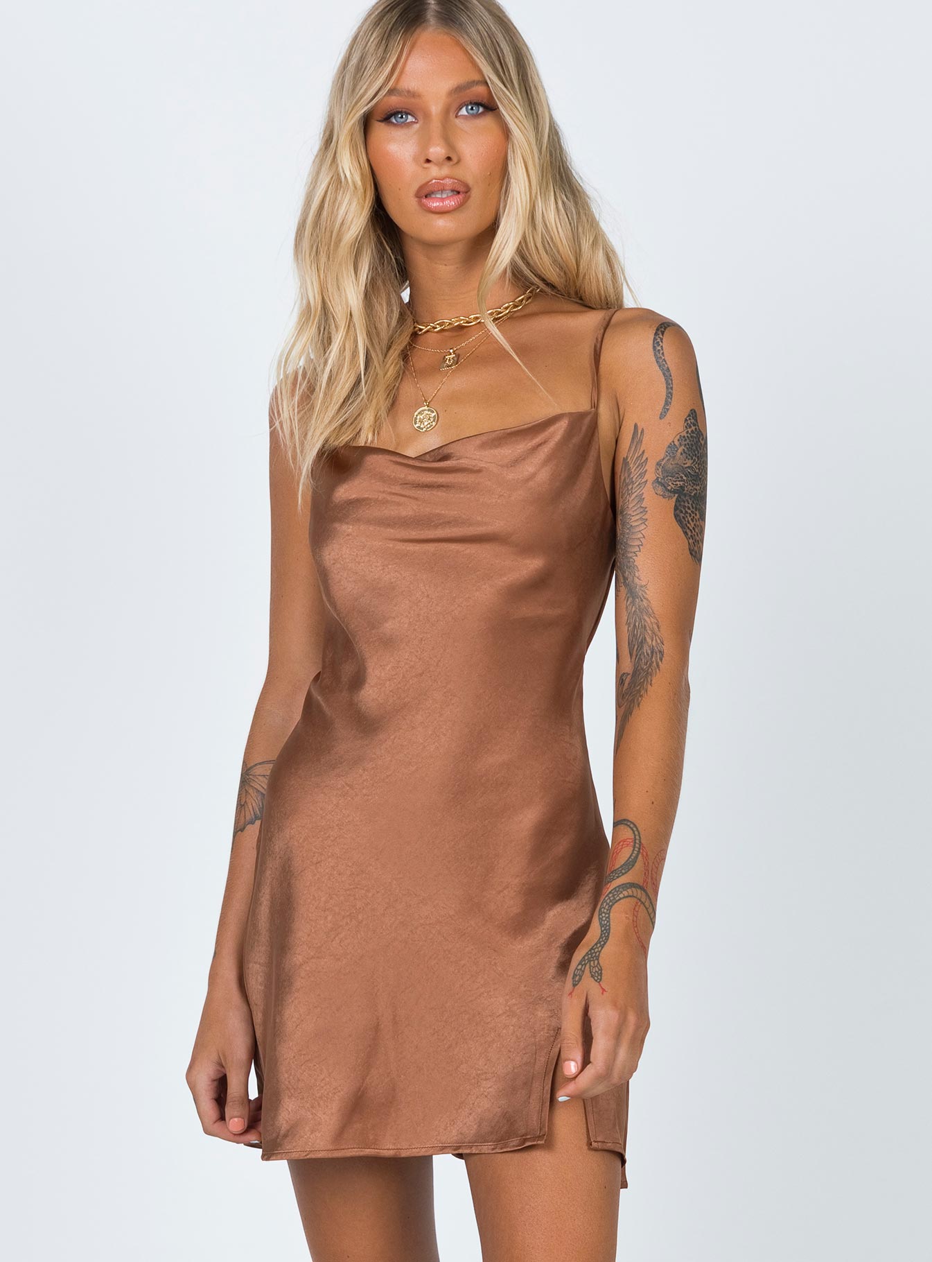 side view of model wearing Princess Polly Alfie Mini Dress Brown 