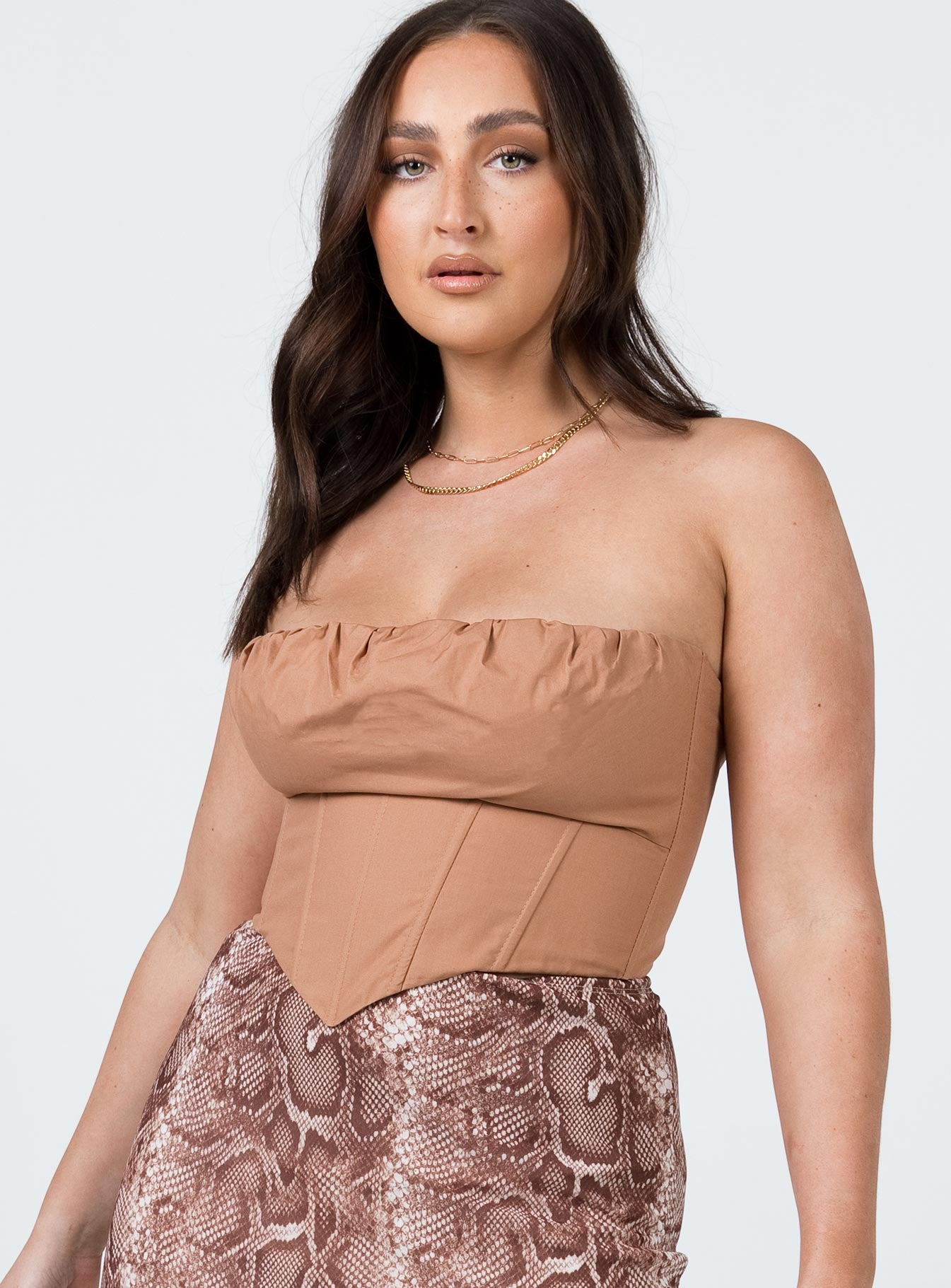 front view of model wearing Princess Polly Bad Gal Bustier Brown 