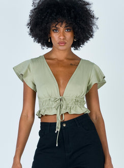 front view of model wearing Princess Polly Jamison Reid Crop Top Khaki 