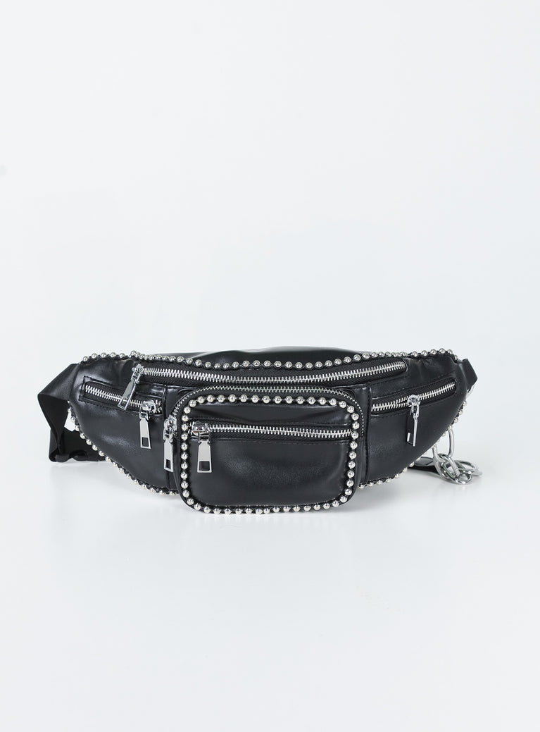 Crossbody belt bag  50% PU 20% polyester 20% iron  10% zinc  Faux leather material  Beaded trimming  Silver-toned hardware  Zip fastenings  External pockets  Adjustable buckle strap 