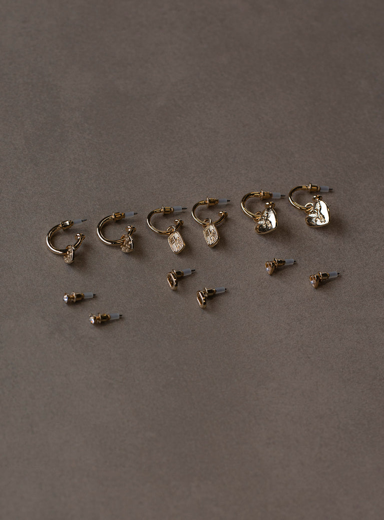 Gold Earrings Pack of six  Three hoop styles  Three stud styles  Drop charms 