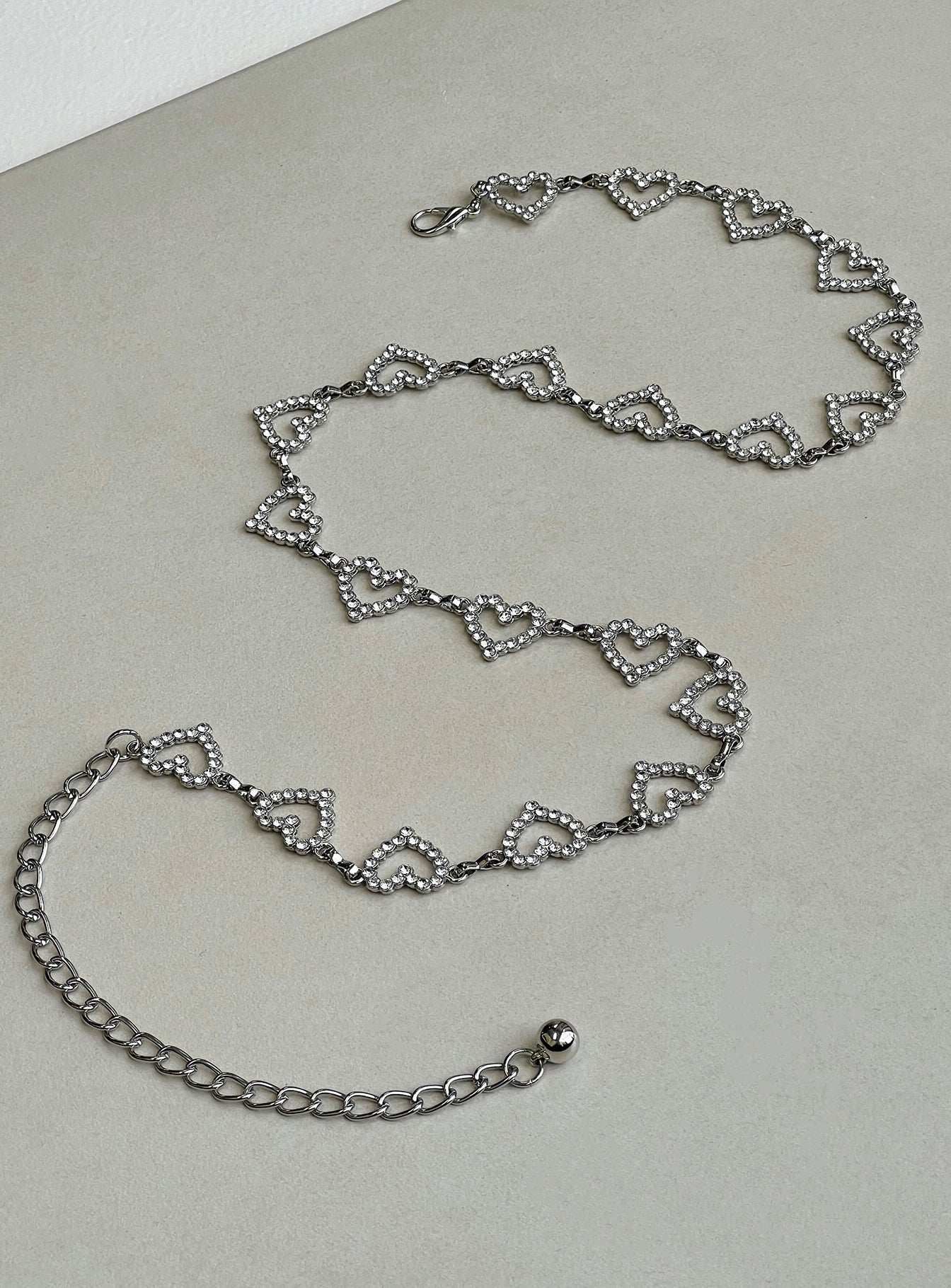 Silver toned chain belt Heart design Diamante detail Lobster clasp fastening