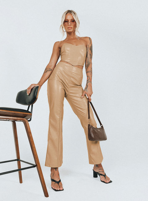 front view of model wearing Princess Polly Jessica PU Bustier Beige 