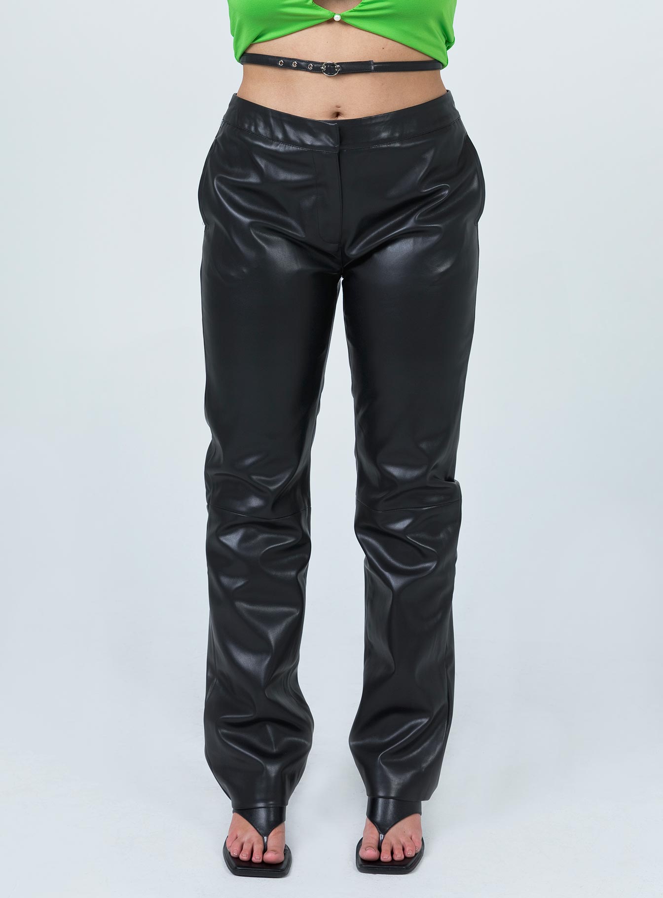front view of model wearing Princess Polly Criss Cross Vegan Pant Black 
