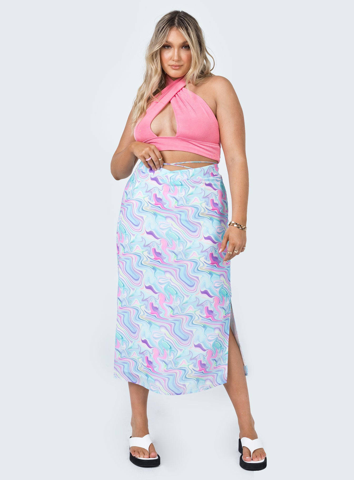   front view of model wearing Princess Polly Aliana Midi Skirt Multi 