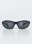 Sunglasses Wrap around design Light weight frame Black tinted lenses Moulded nose bridge