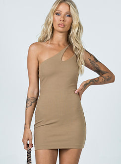 front view of model wearing Princess Polly Emery Mini Dress Beige 