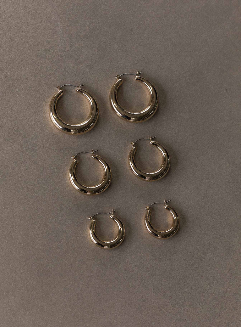 Earring pack Pack of three  Latch fastening  Gold-toned  Hoop style 