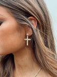 Earrings Cross drop down charm Stud fastening Gold-toned