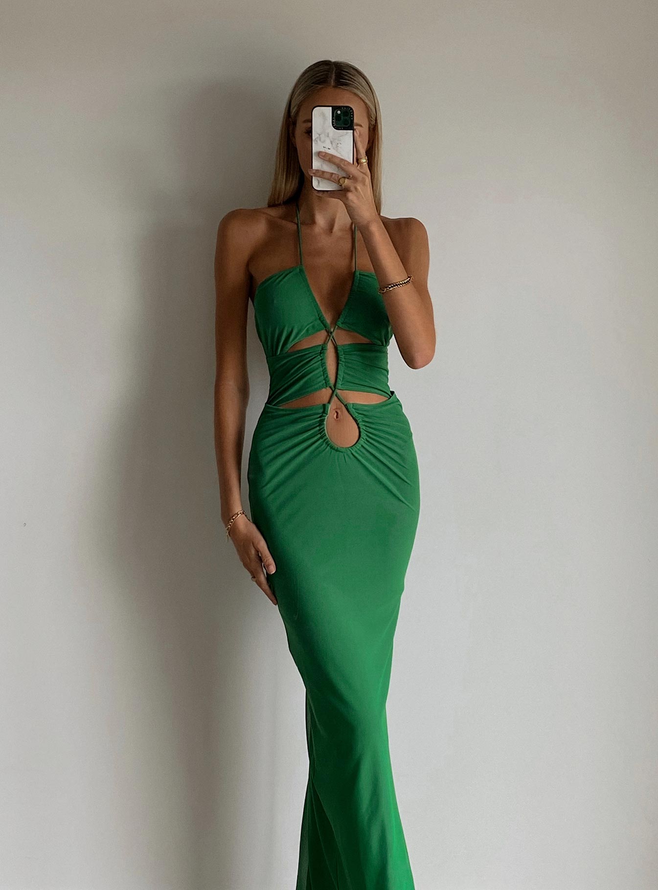 side view of model wearing Princess Polly Jagger & Stone Emily Maxi Dress Green 
