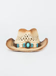 Cowboy hat Woven straw Curved wide brim  Internal adjustable drawstring Mouldable brim shape Bead detail