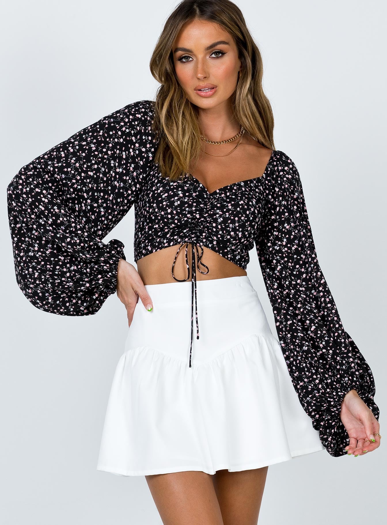   front view of model wearing Princess Polly Delphie Mini Skirt White 