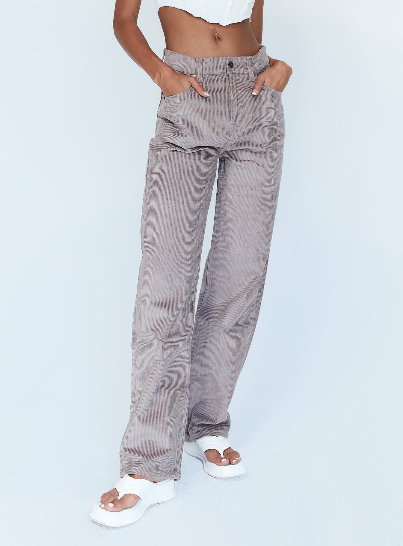 front view of model wearing Princess Polly Motel Parallel Jeans Smoke Grey Mid Rise 