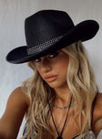 Cowboy hat  Princess Polly Exclusive Felt material  Diamante band  Adjustable rope chin strap  Stiff brim 