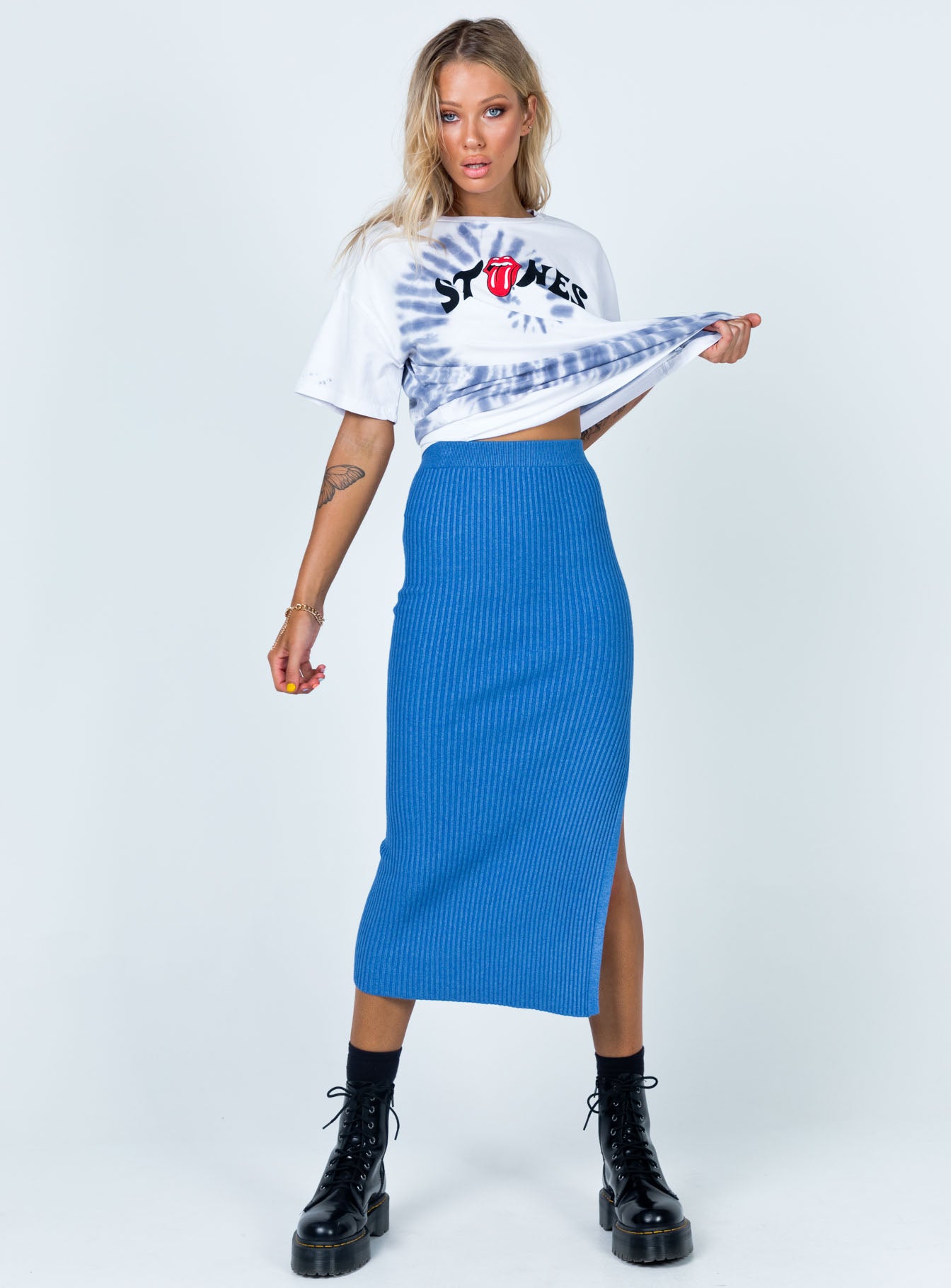   front view of model wearing Princess Polly Tanna Midi Skirt Midnight Blue 