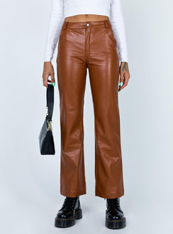 front view of model wearing Princess Polly Ashlea PU Pants Brown 