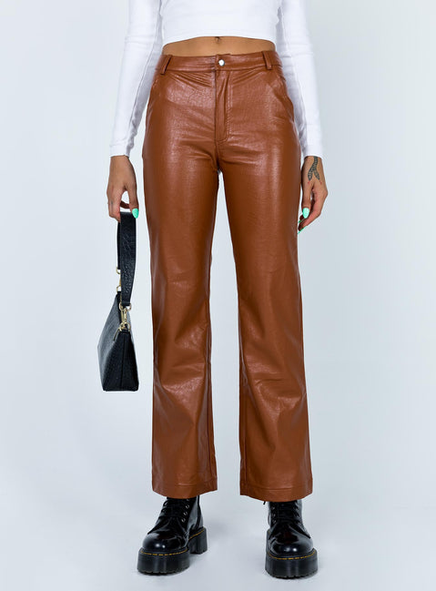 front view of model wearing Princess Polly Ashlea PU Pants Brown 