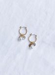 Earrings Princess Polly Exclusive 80% recycled zinc 10% plastic 10% glass Hoop style  Pearl & diamante drop charm  Gold-toned  Lightweight 