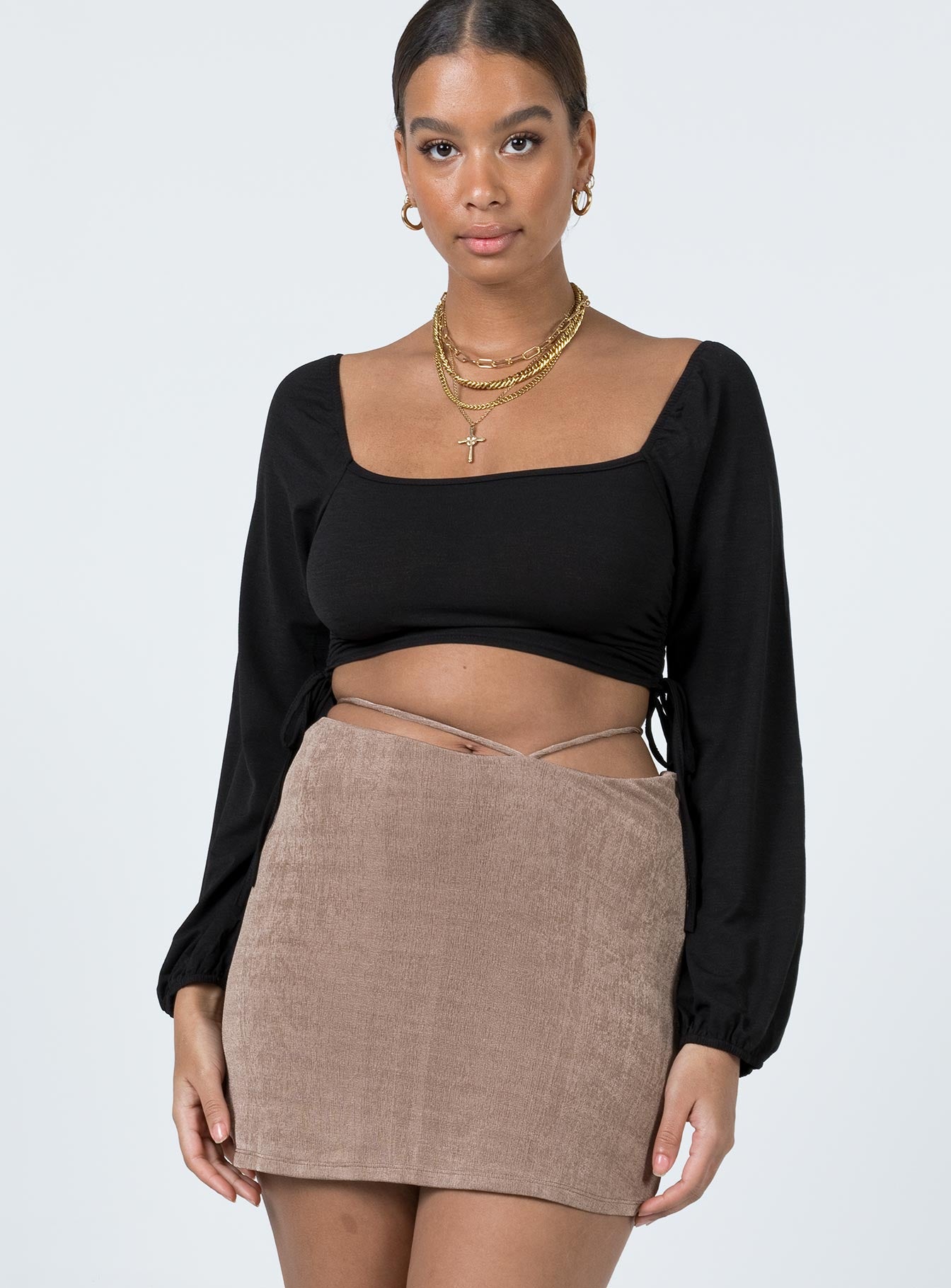   front view of model wearing Princess Polly Maisie Mini Skirt Brown 