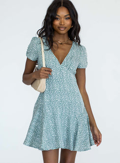 front view of model wearing Princess Polly The Sting Mini Dress Green Leopard 