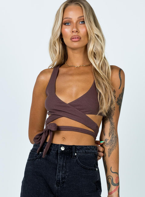 back view of model wearing Princess Polly Jaye Top Brown 