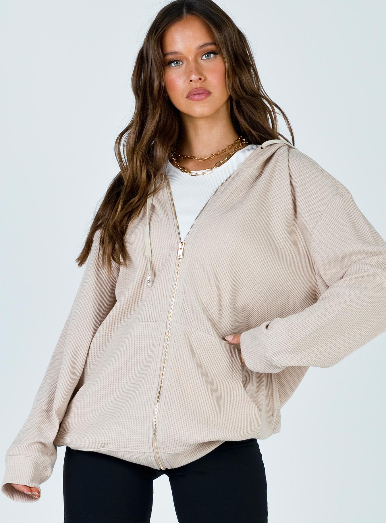 Audrey Oversized Zip Up Sweatshirt Beige Princess Polly  long 