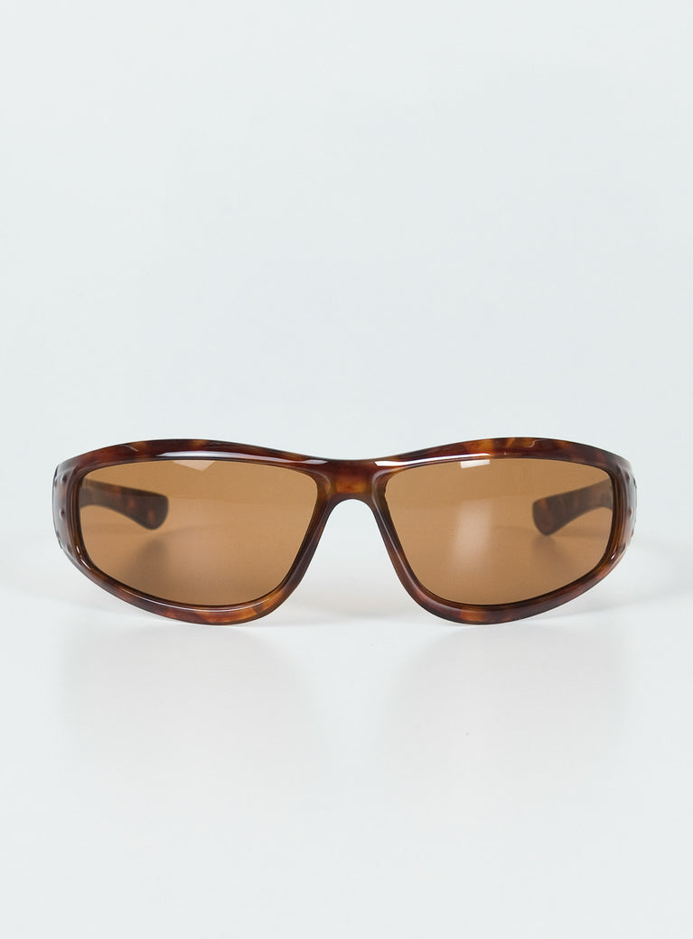 Sunglasses Wrap around design Light weight frame Brown tinted lenses Moulded nose bridge