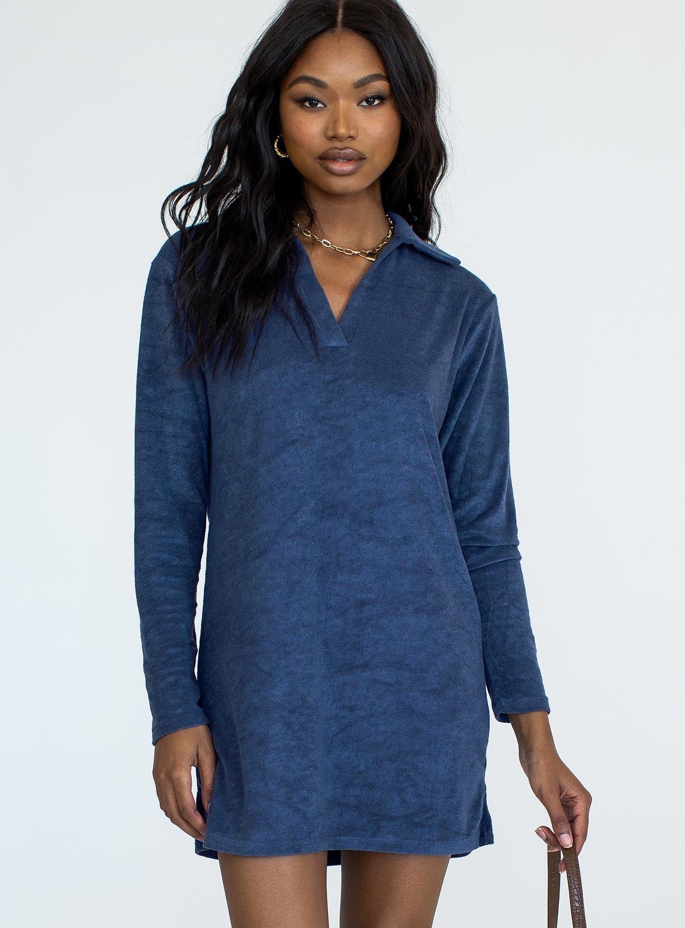 front view of model wearing Princess Polly Farah Mini Dress Navy 