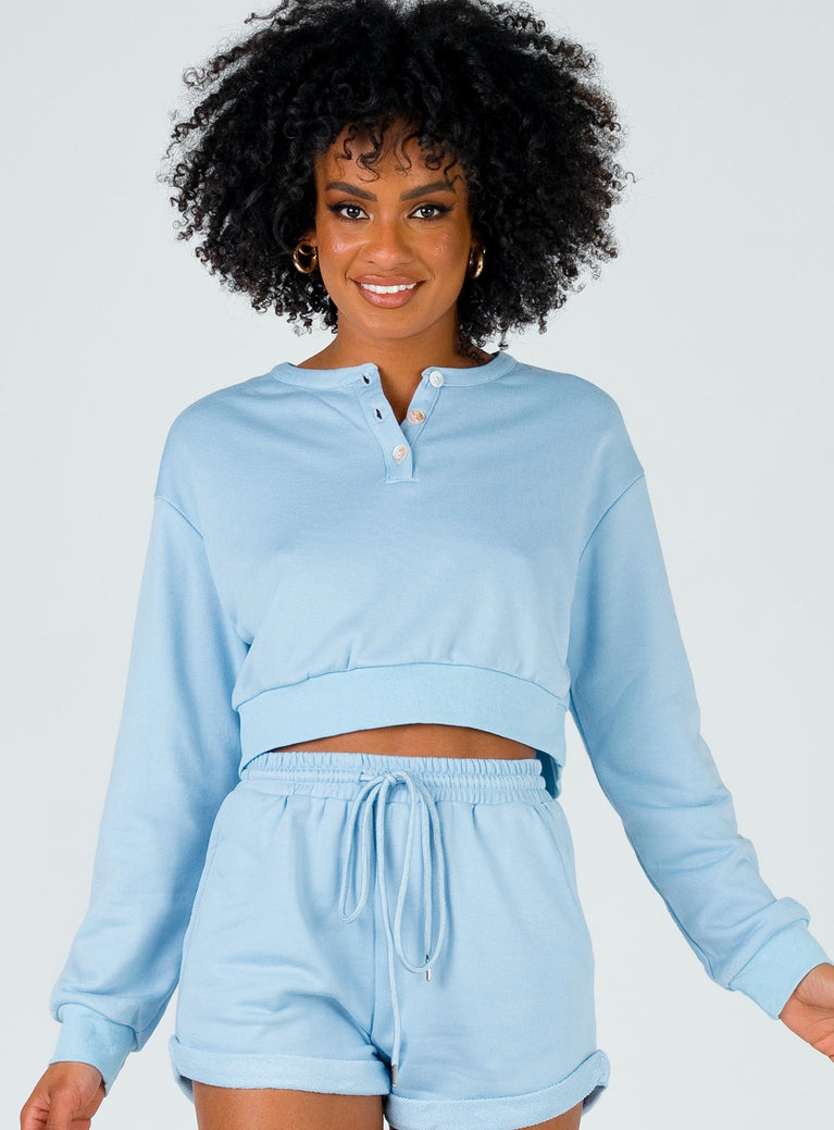 Rise & Lounge Cropped Henley Sweatshirt Blue Princess Polly  Cropped 