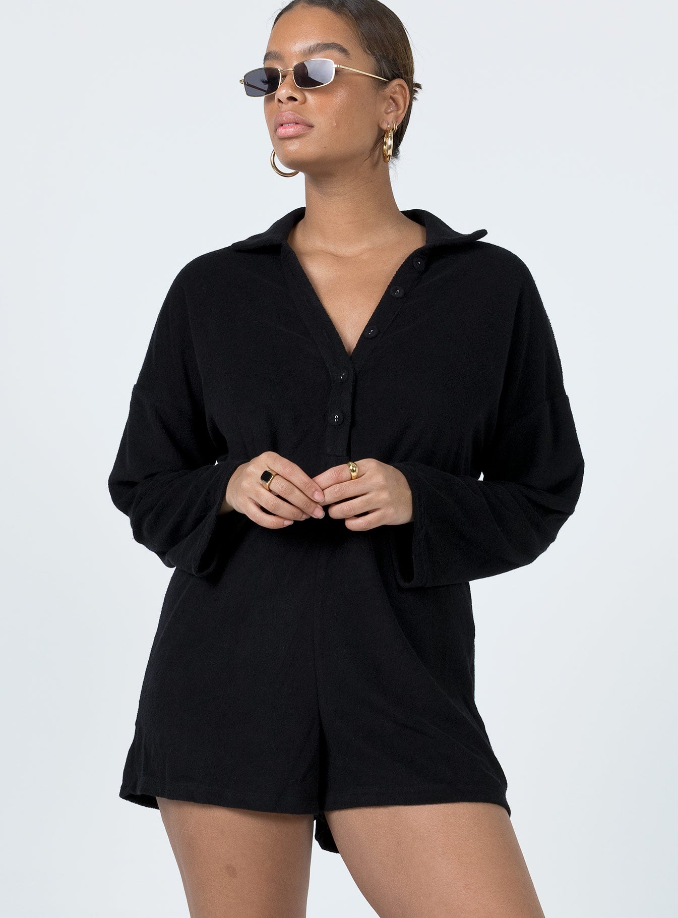 Kegan Long Sleeve Terry Romper Black