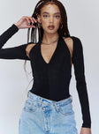 front view of model wearing Princess Polly Lock It Down Bodysuit Black Full Sleeves V-Neck 