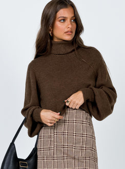 front view of model wearing Princess Polly Zahara Cropped Turtleneck Sweater Brown Cropped 