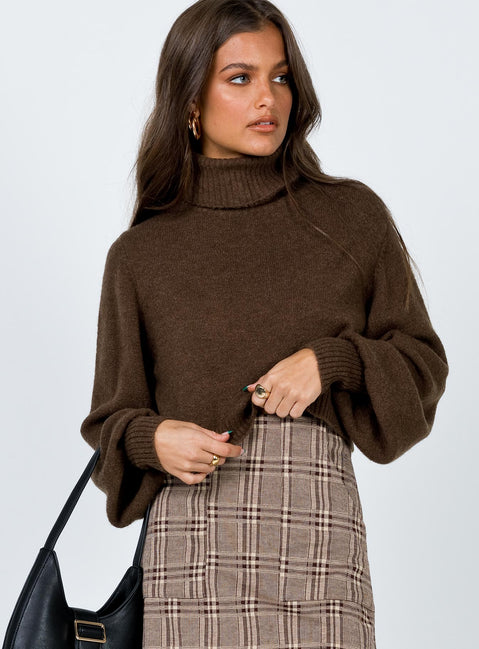 front view of model wearing Princess Polly Zahara Cropped Turtleneck Sweater Brown Cropped 