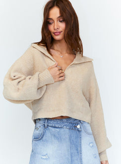 Front view of model wearing  front Tiara Cropped Sweater Beige Princess Polly  Cropped 