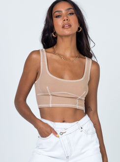 front view of model wearing Princess Polly Carl Top Beige 