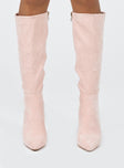 Knee-high boots Faux suede material Zip fastening at side Pointed toe Stilleto heel Padded footbed