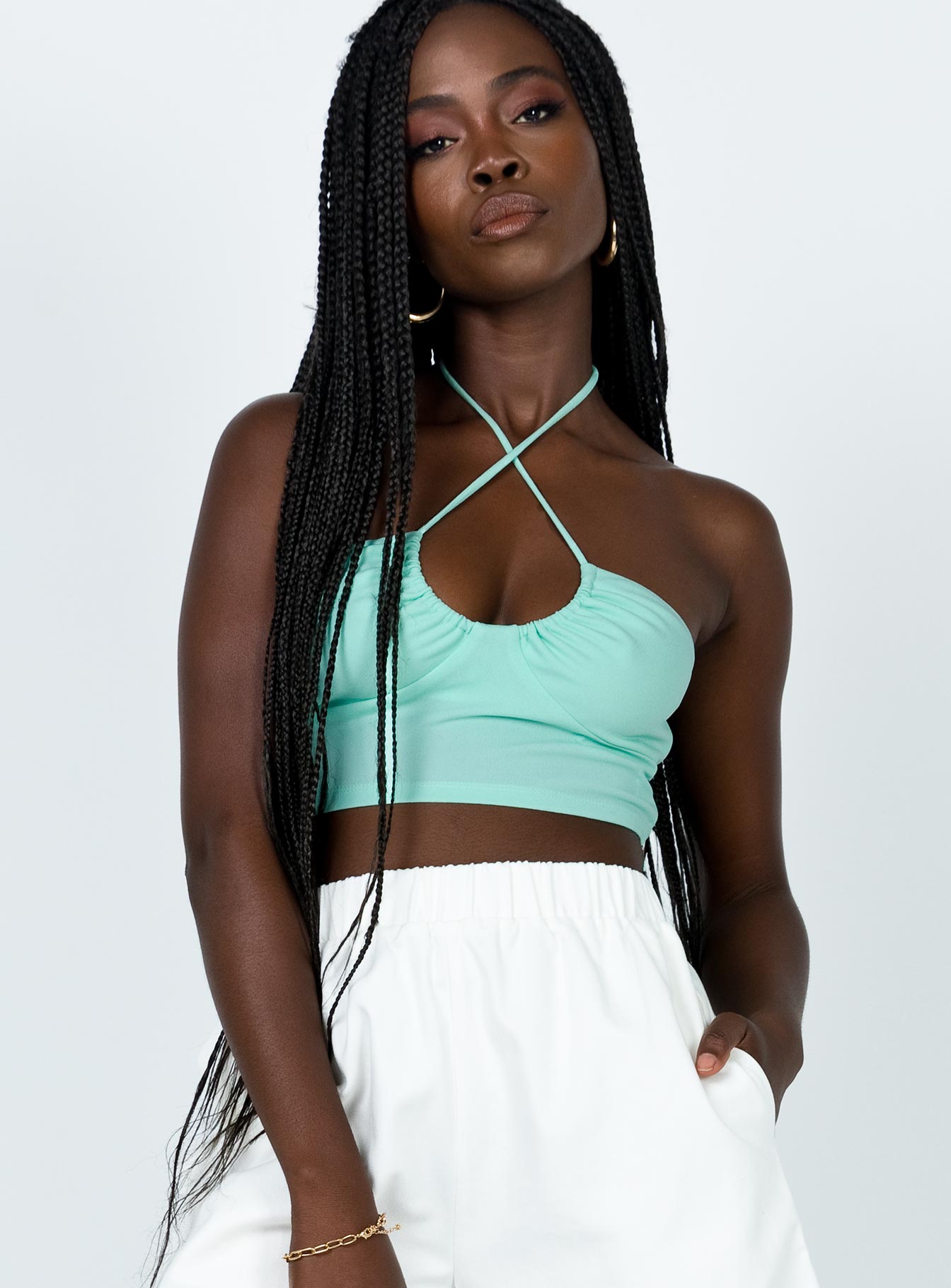 front view of model wearing Princess Polly Andre Top Green 