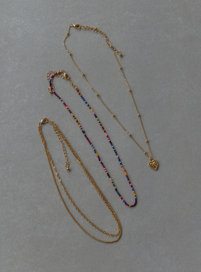 Necklace Pack of three  Single beaded styles  Dainty gold chains  Heart pendant 