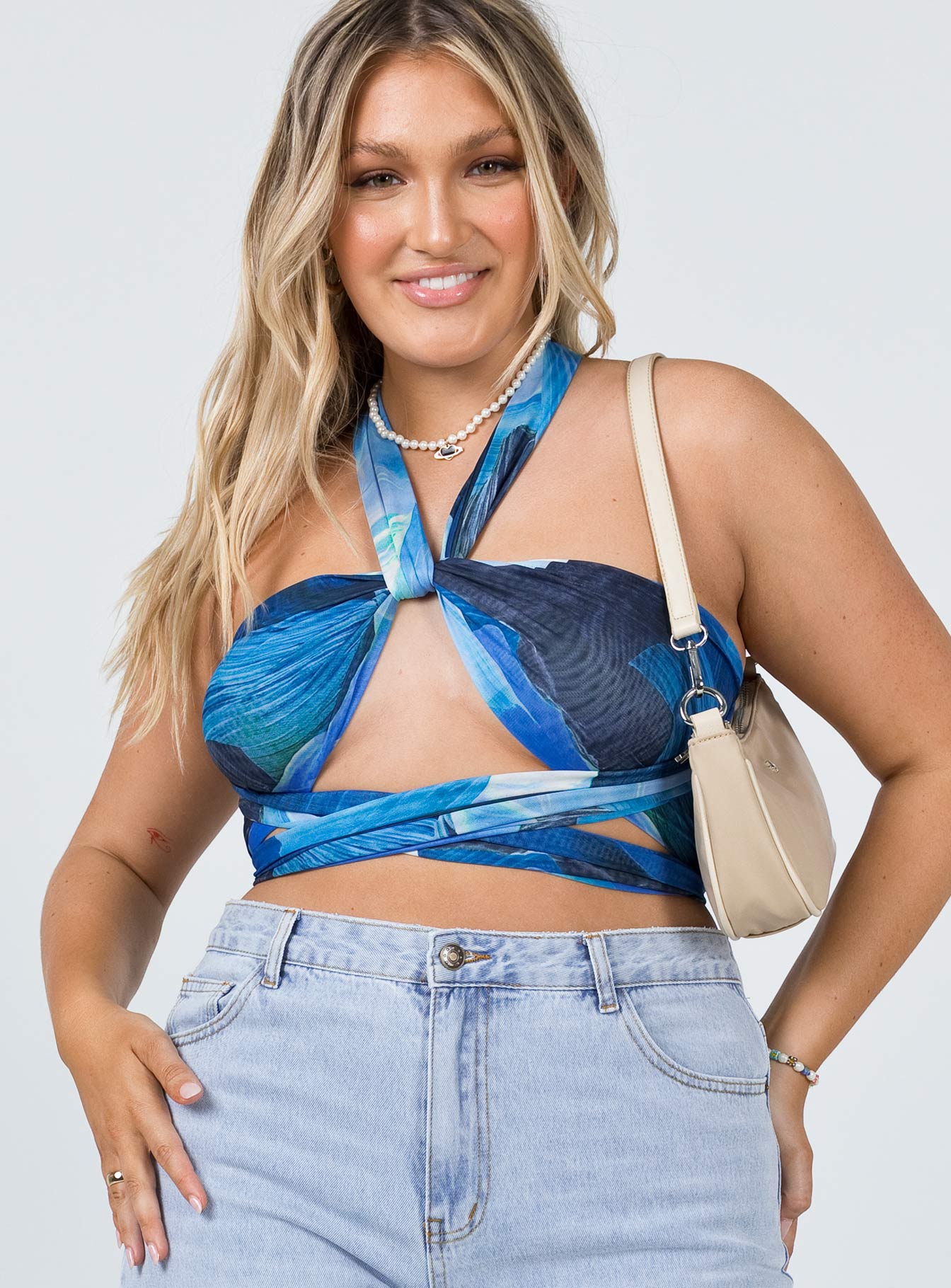 front view of model wearing Princess Polly Atkins Top Blue 