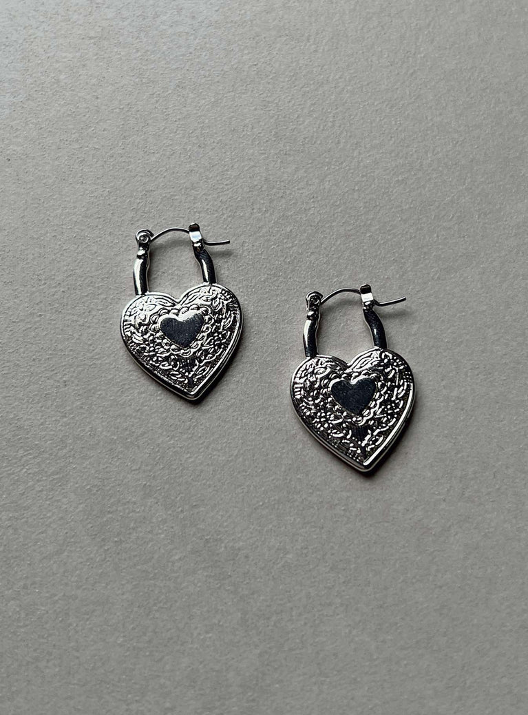 Earrings Hoop style  Silver-toned Latch fastening  Heart design