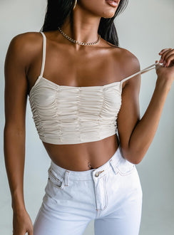 front view of model wearing Princess Polly Adrienne Top Beige 