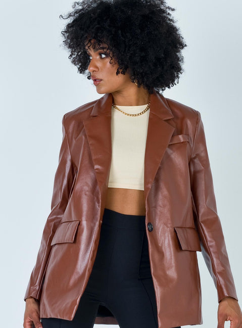 Jocelyn Faux Leather Blazer Brown
