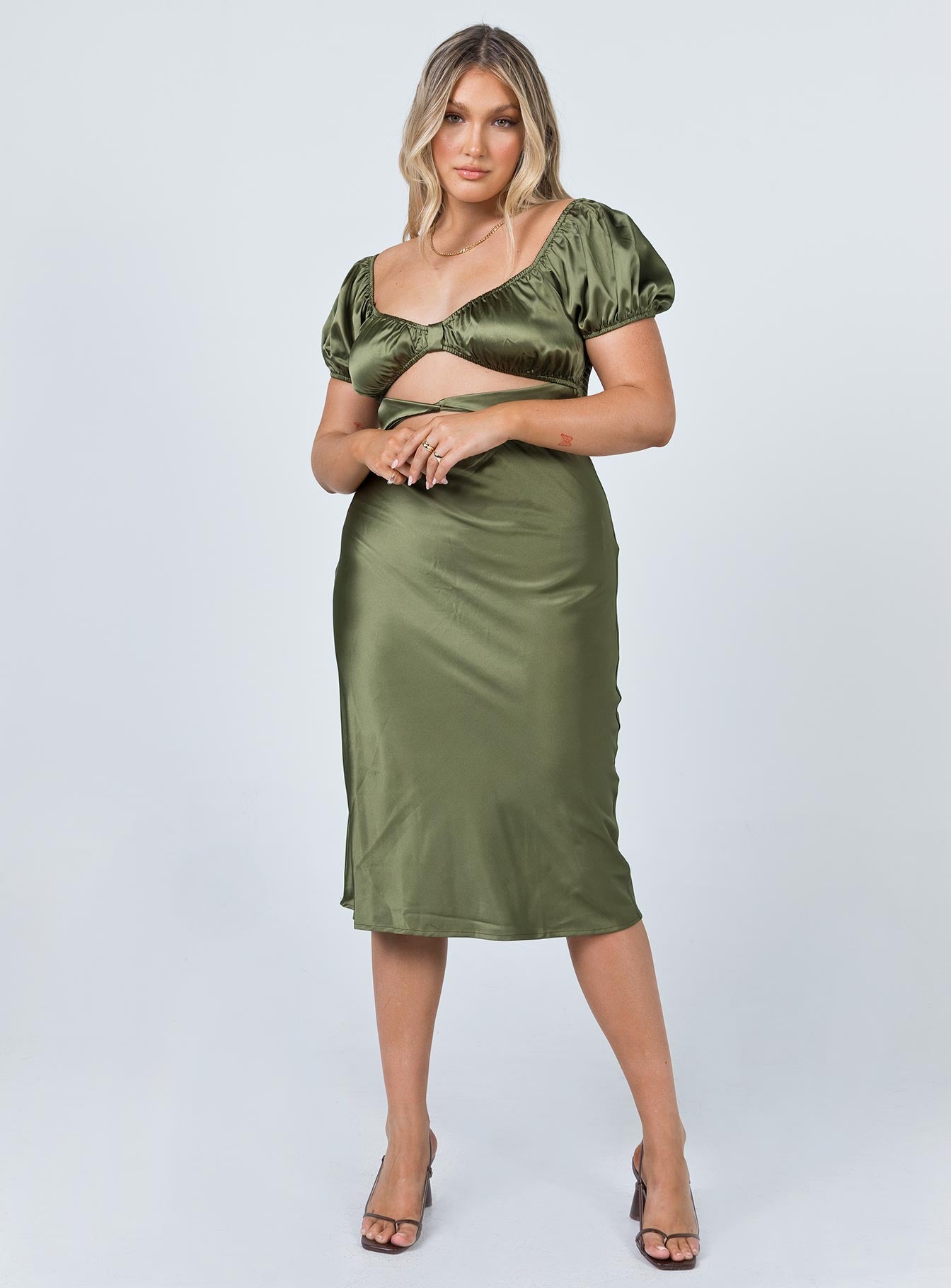 side view of model wearing Princess Polly Nakita Midi Dress Khaki 