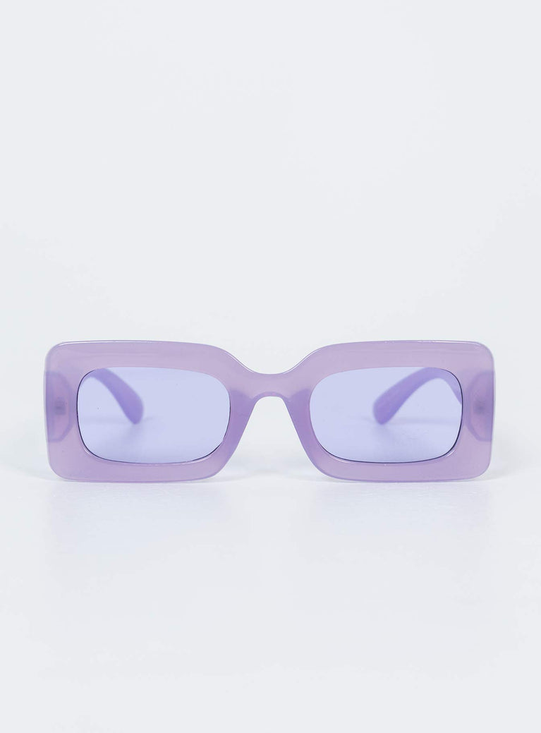 Purple sunglasses Rectangle shape  Moulded nose bridge  Purple tinted lenses 