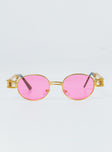 Sunglasses 70% metal 30% PC UV 400 Round style  Gold metal frame  Pink tinted lenses