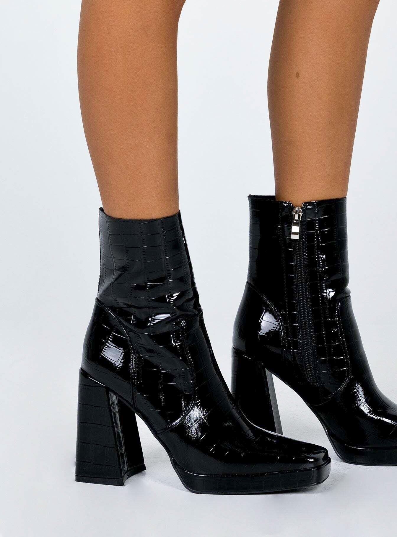 Jamie Croc Platform Boots Black | Princess Polly