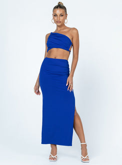 Matching set Ribbed material  One shoulder crop top  Back tie fastening  High waisted midi skirt  Ruched side