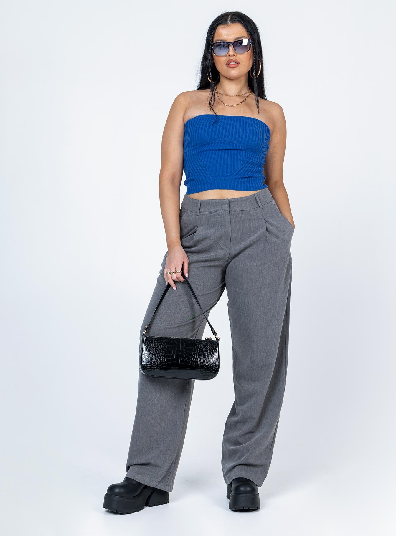 front view of model wearing Princess Polly Royce Strapless Top Blue Sleeveless 