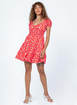 Front view of model wearing  front Princess Polly Crew Neck  Daniela Mini Dress Floral Red